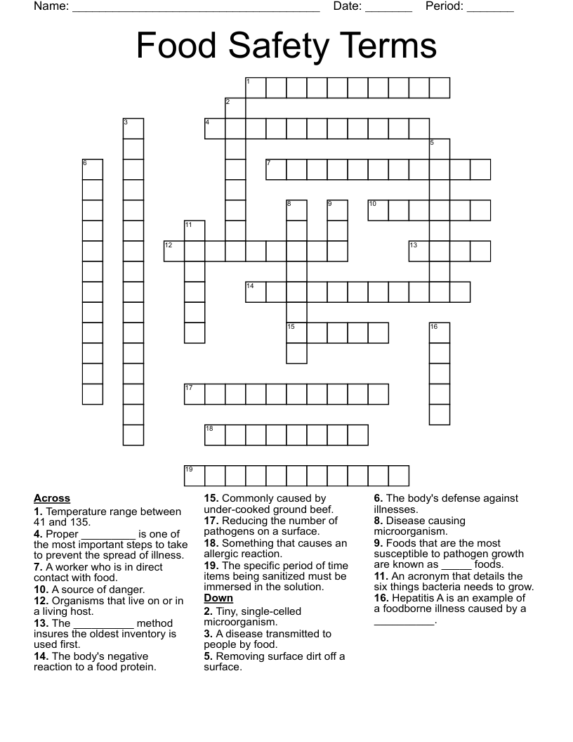 Food Safety Terms Crossword