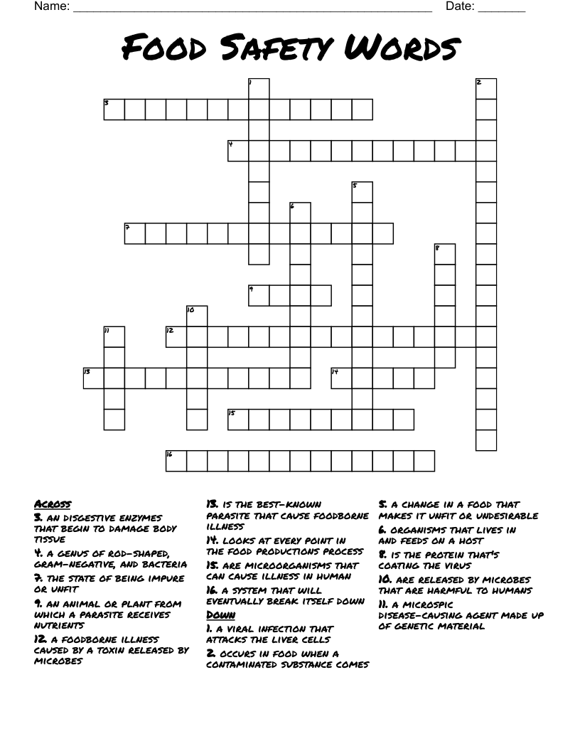 Food Safety Words Crossword