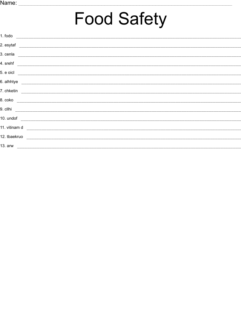 Food Safety  Word Scramble