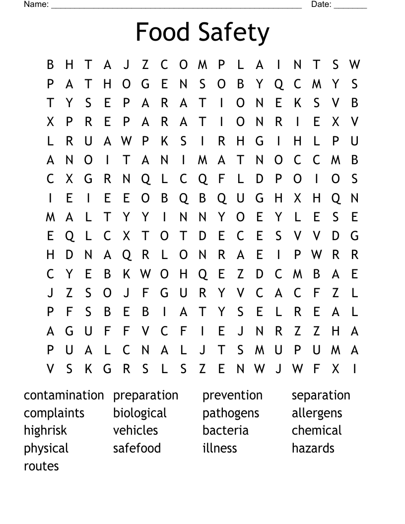 Food Safety  Word Search