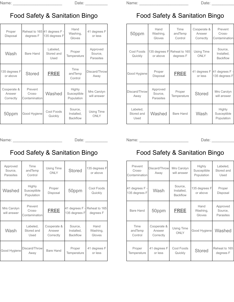 Food Safety & Sanitation Bingo