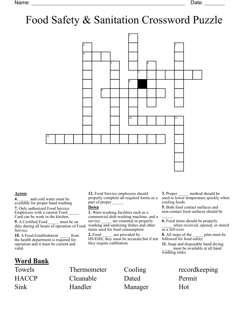 Food Safety & Sanitation Crossword Puzzle