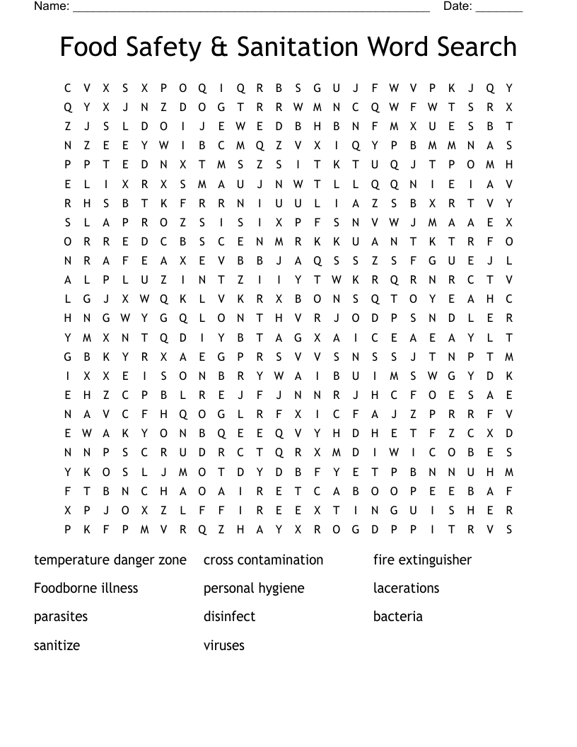 Food Safety & Sanitation Word Search