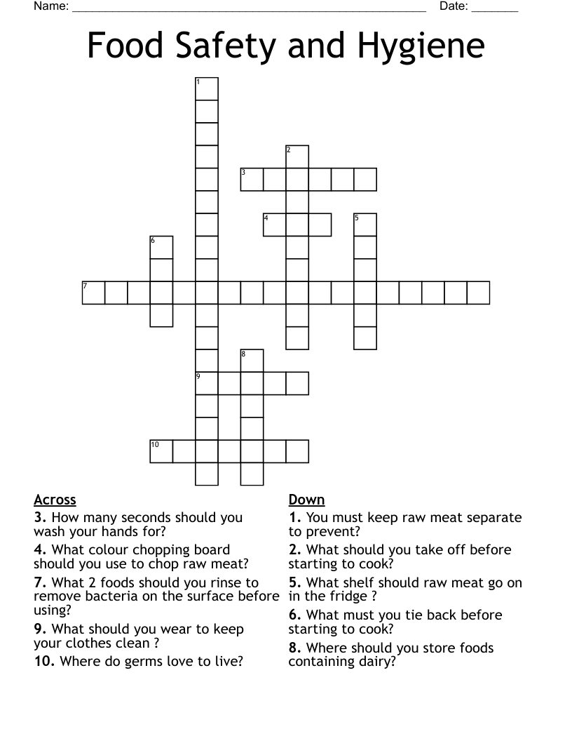 Food Safety and Hygiene  Crossword