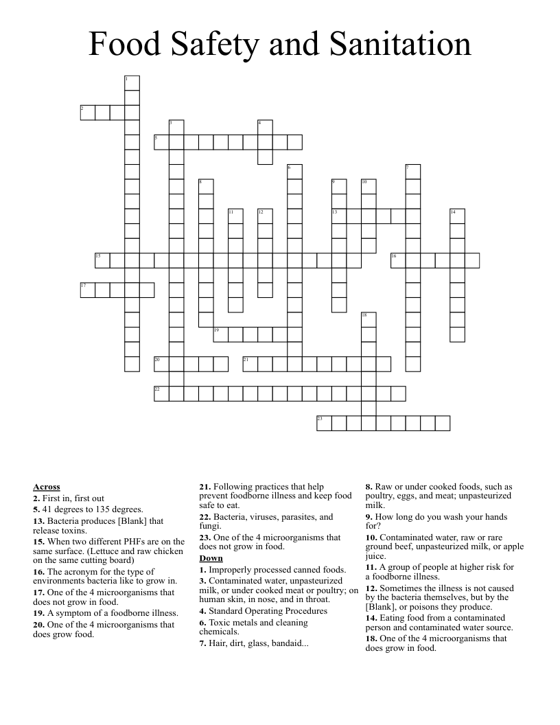 Food Safety and Sanitation Crossword