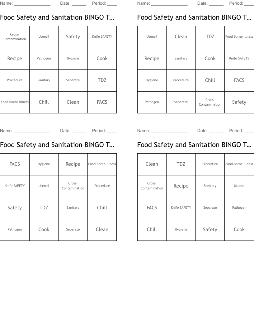 Food Safety and Sanitation BINGO Terms
