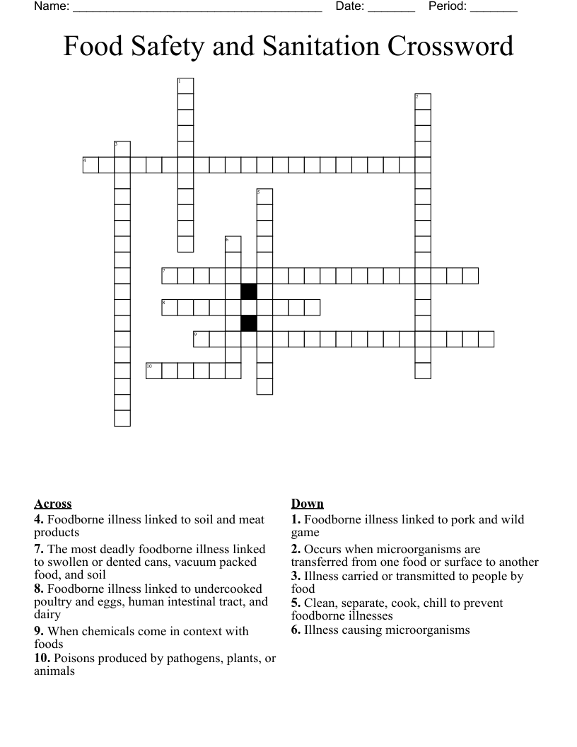 Food Safety and Sanitation Crossword 