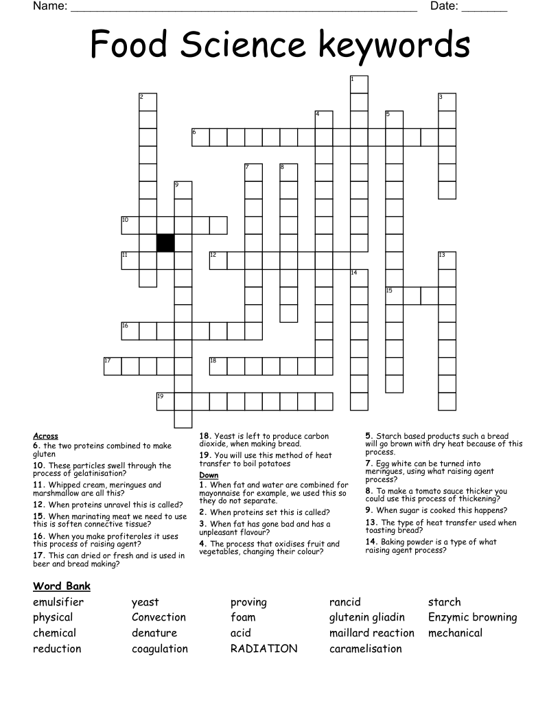 Food Science keywords Crossword