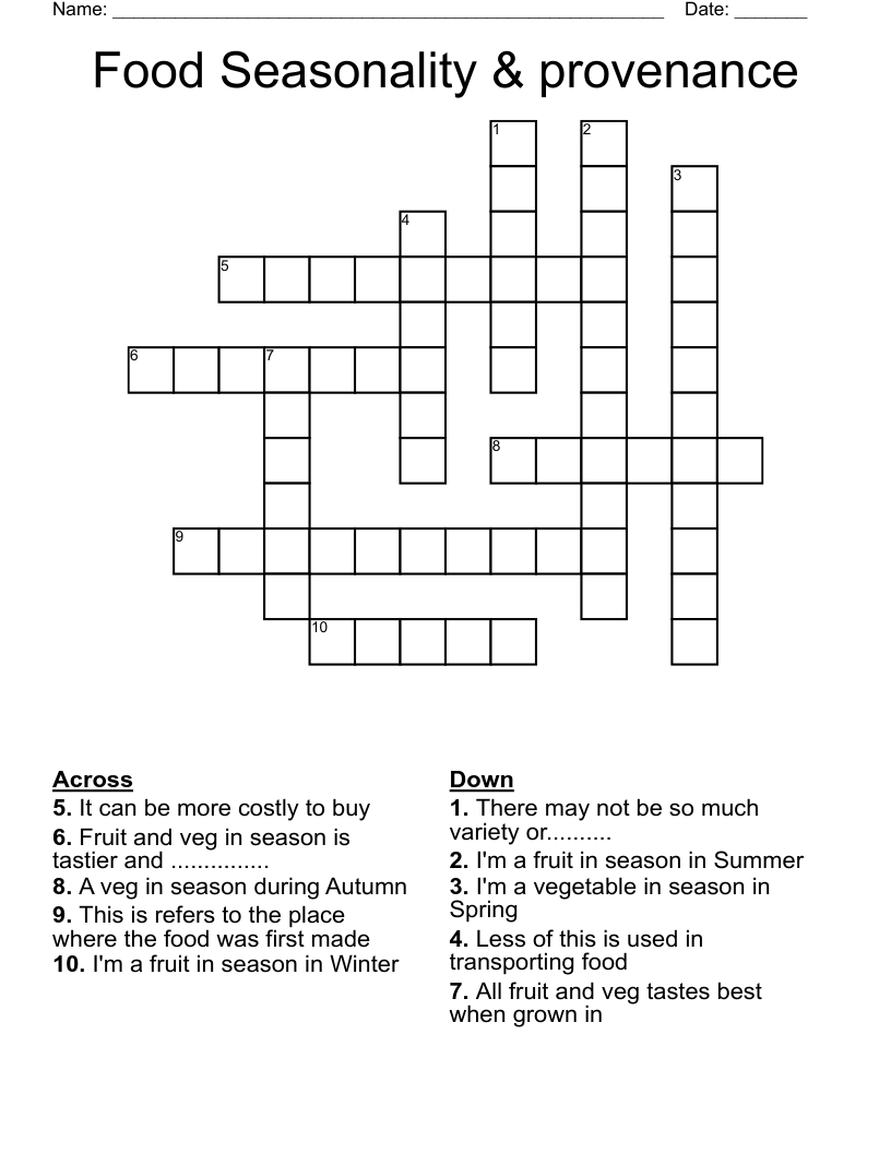 Food Seasonality & provenance Crossword