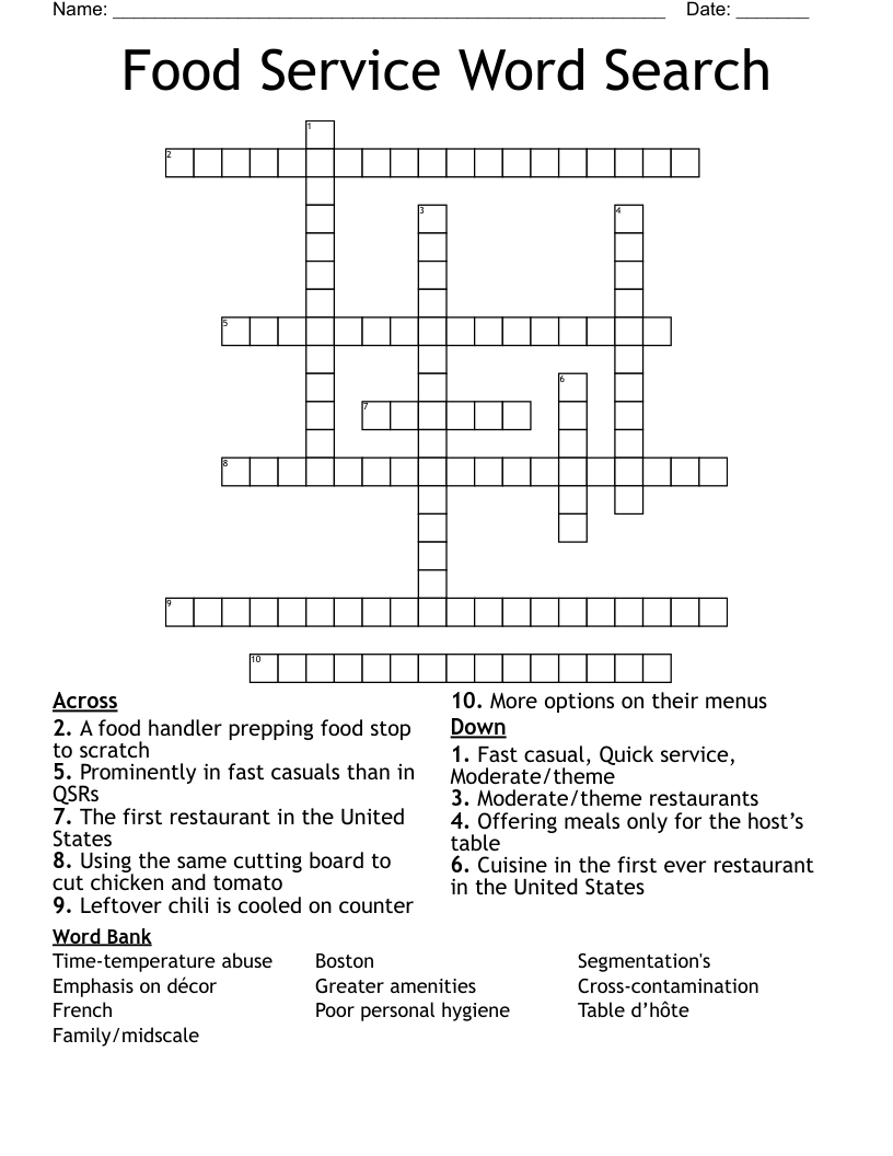 Food Service Word Search Crossword