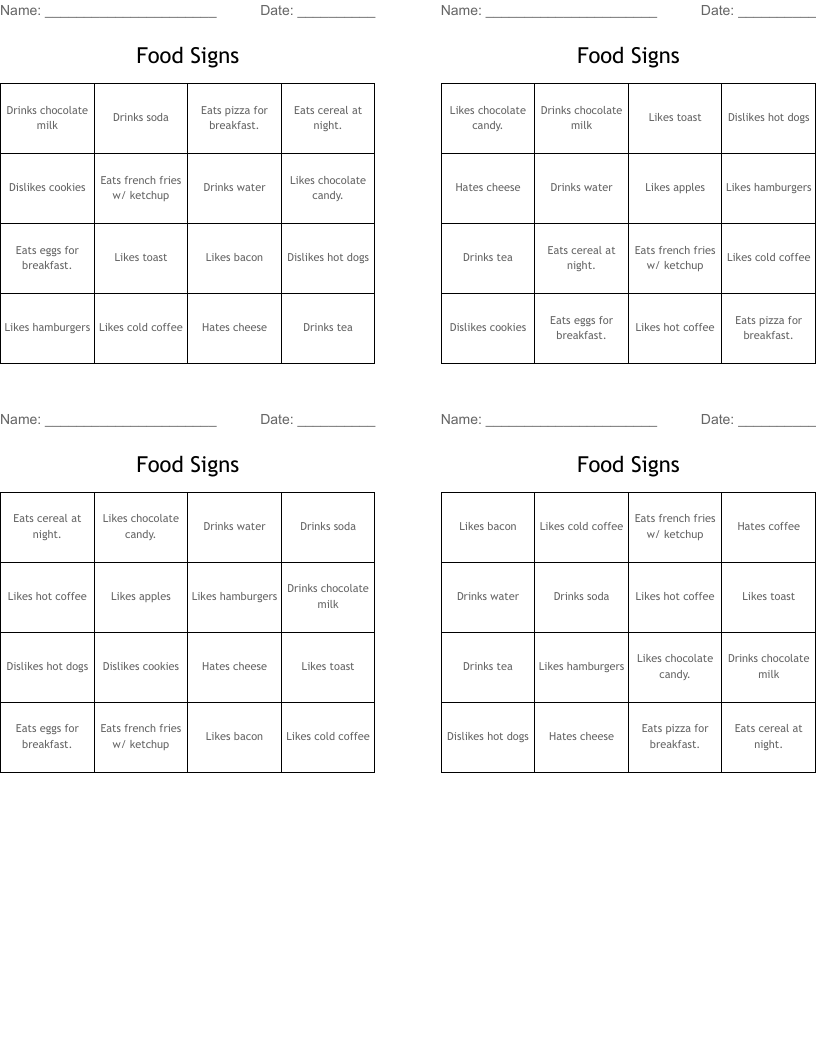 Food Signs Bingo Cards