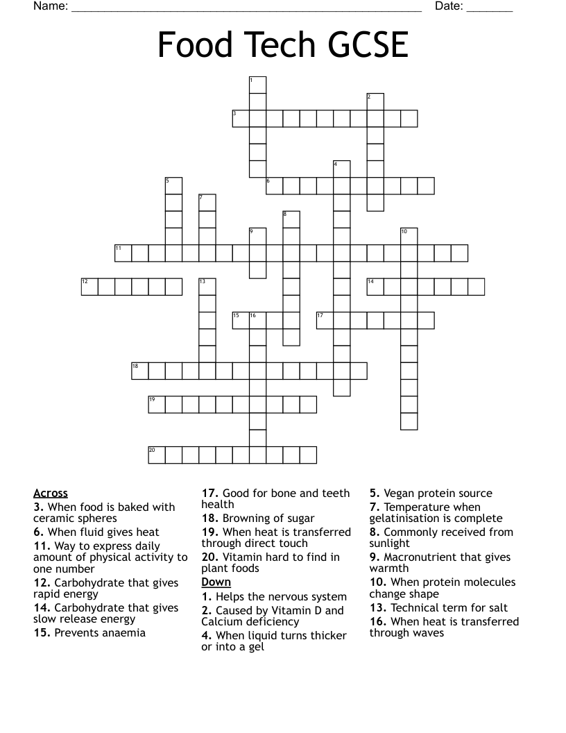 Food Tech GCSE Crossword