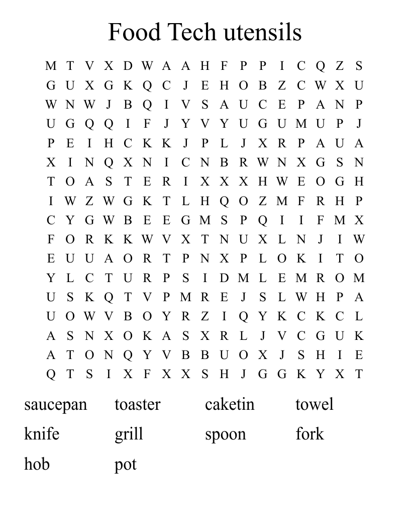 Food Tech utensils Word Search