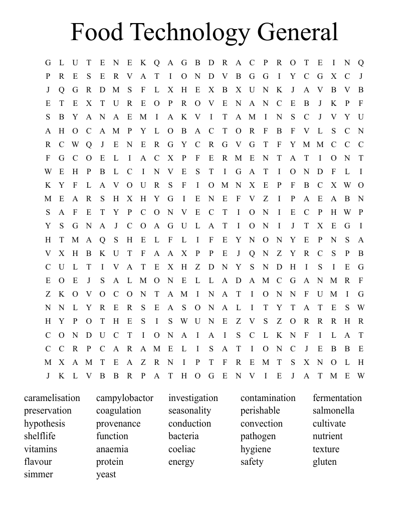 Food Technology General Word Search