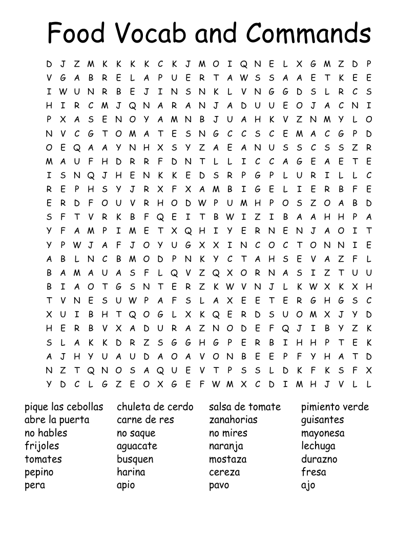 Food Vocab and Commands Word Search
