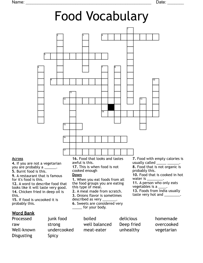 Food Vocabulary Crossword