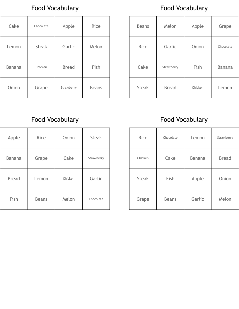 Food Vocabulary  Bingo Cards