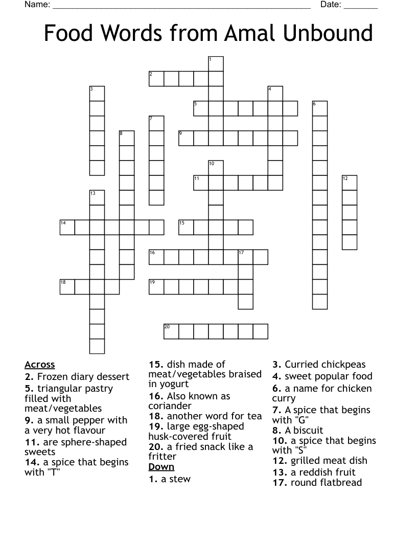Food Words from Amal Unbound Crossword