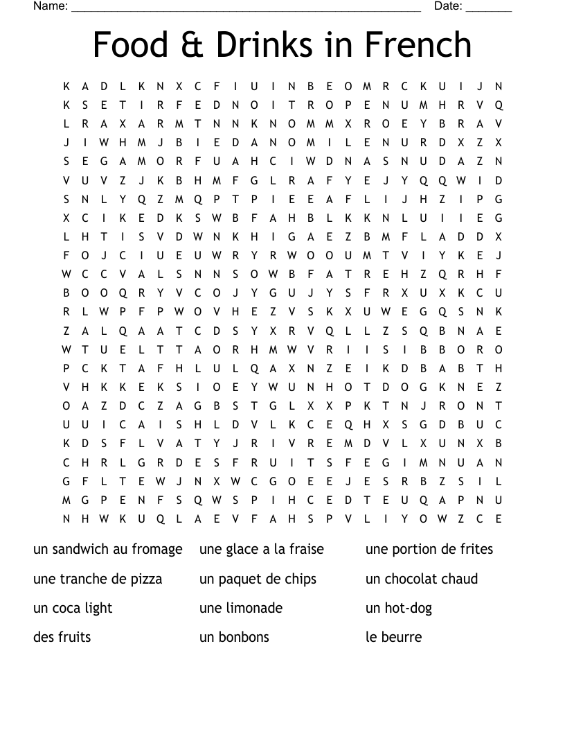 Food & Drinks in French Word Search