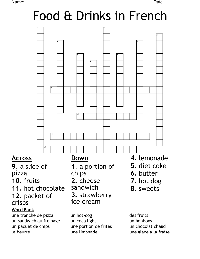 Food & Drinks in French Crossword