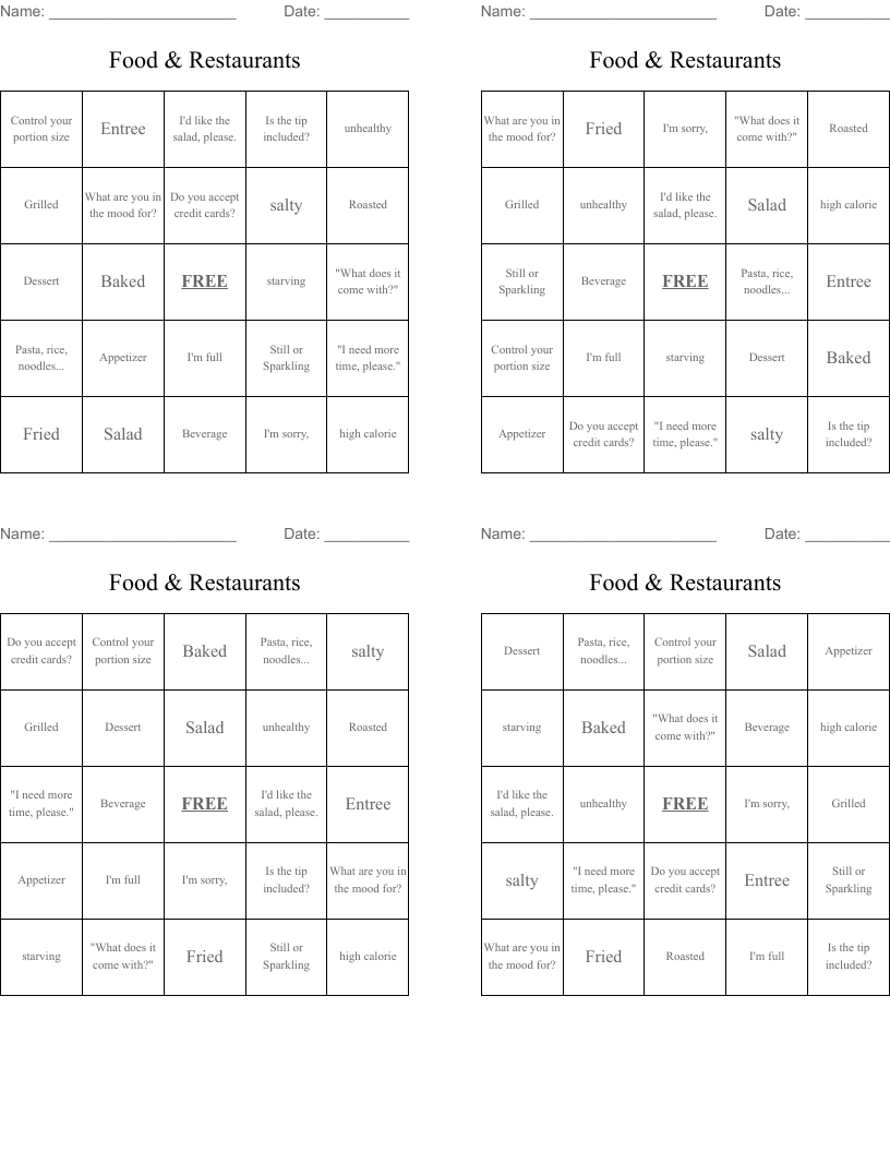 Food & Restaurants Bingo Cards