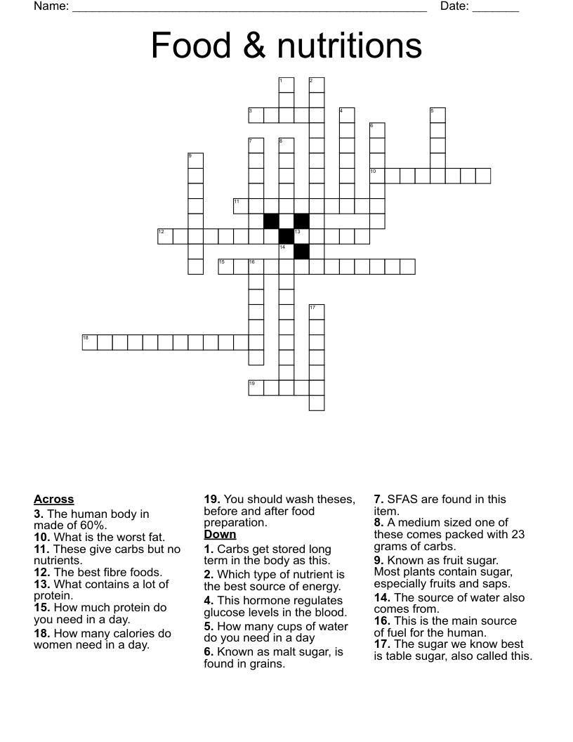 Food & nutritions  Crossword