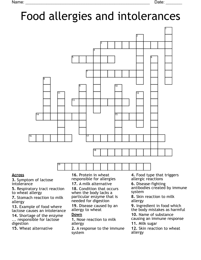Food allergies and intolerances Crossword