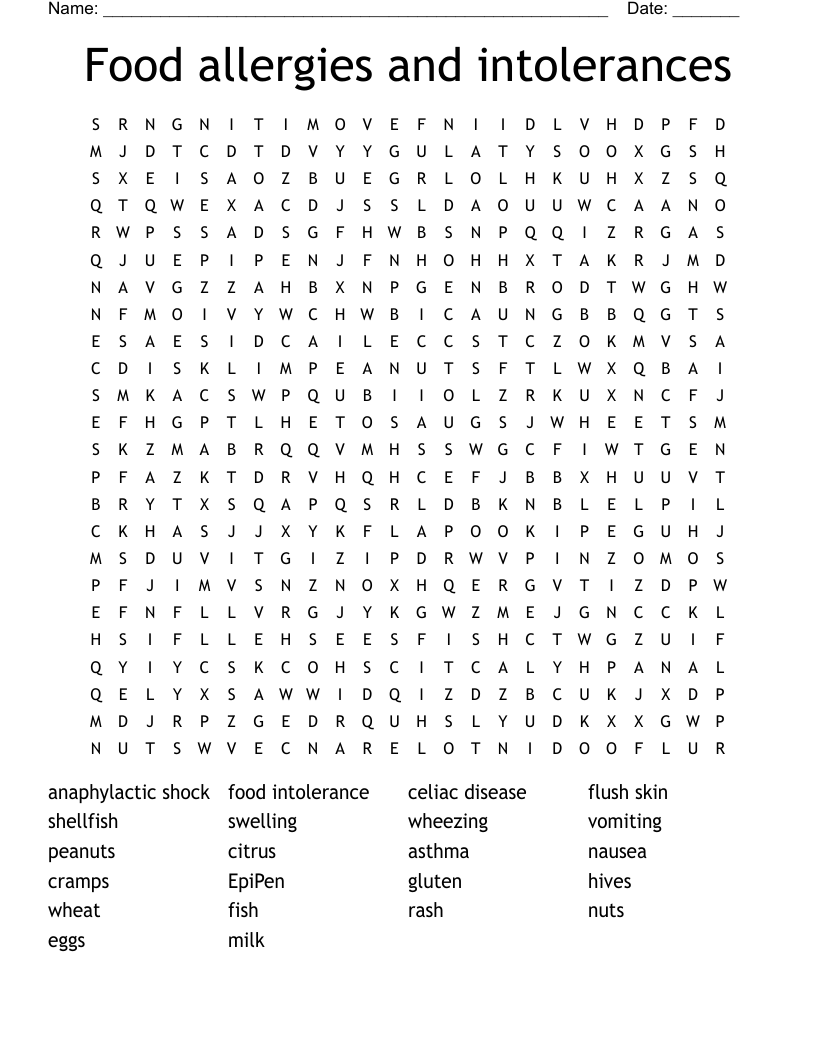 Food allergies and intolerances Word Search