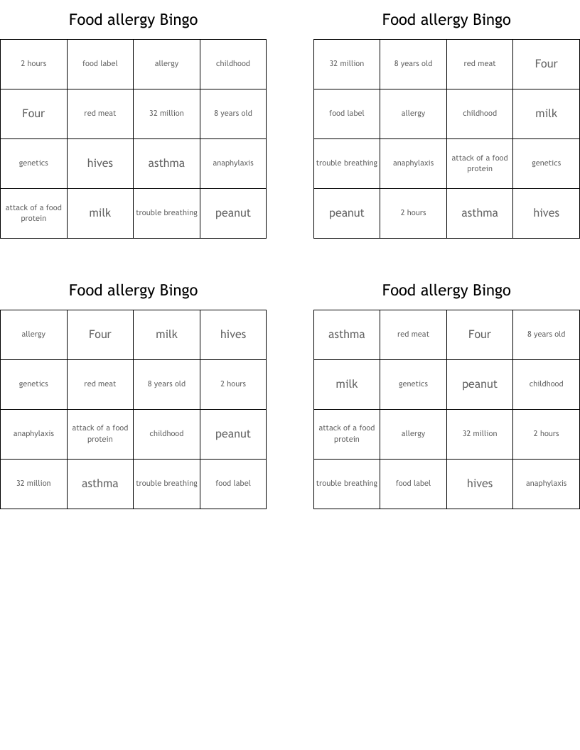Food allergy Bingo