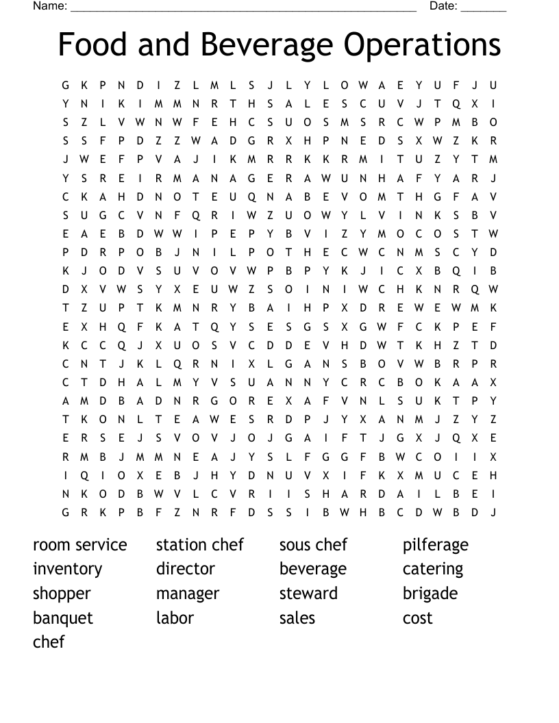 Food and Beverage Operations Word Search