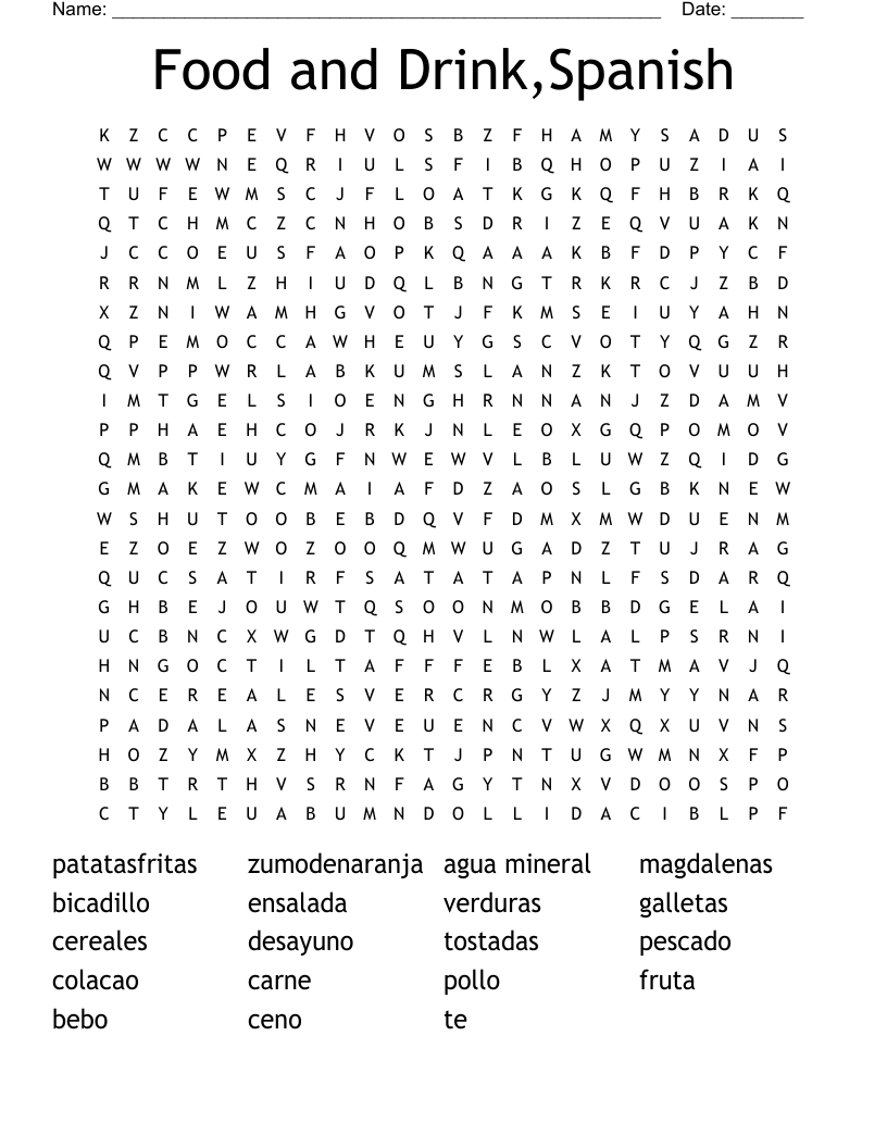 Food and Drink,Spanish  Word Search