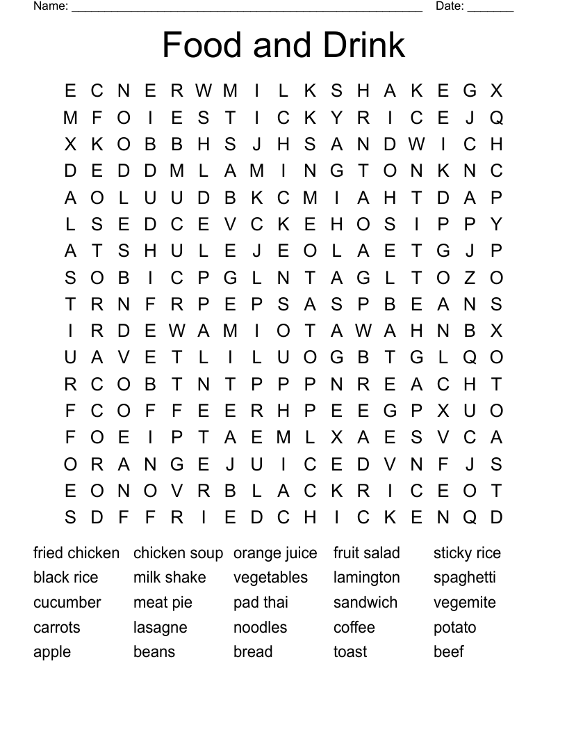 Food and Drink Word Search
