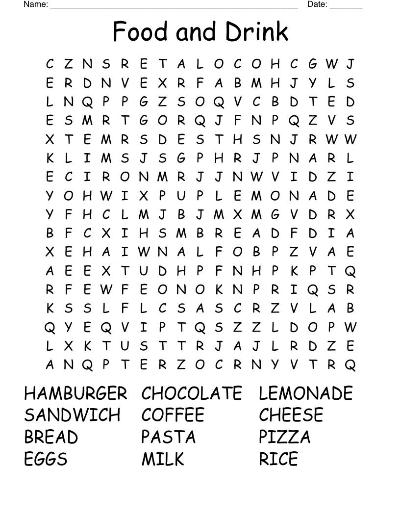 Food and Drink Word Search