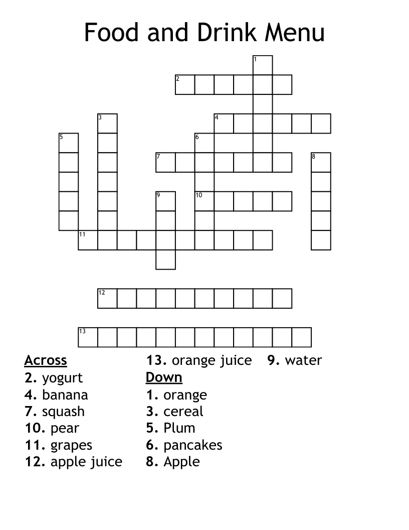 Food and Drink Menu Crossword