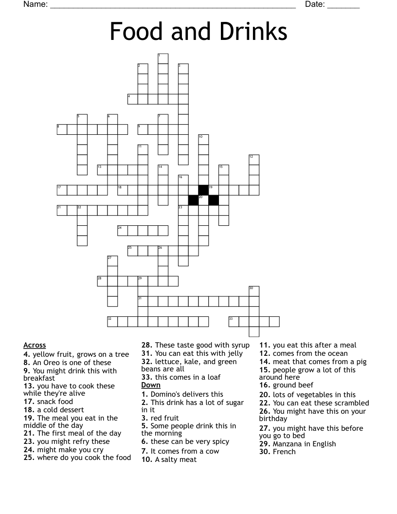 Food and Drinks Crossword