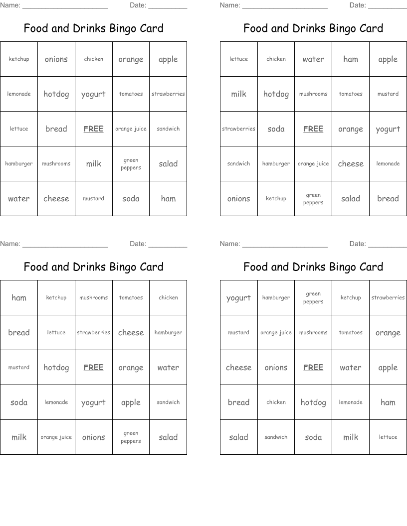 Food and Drinks Bingo Card