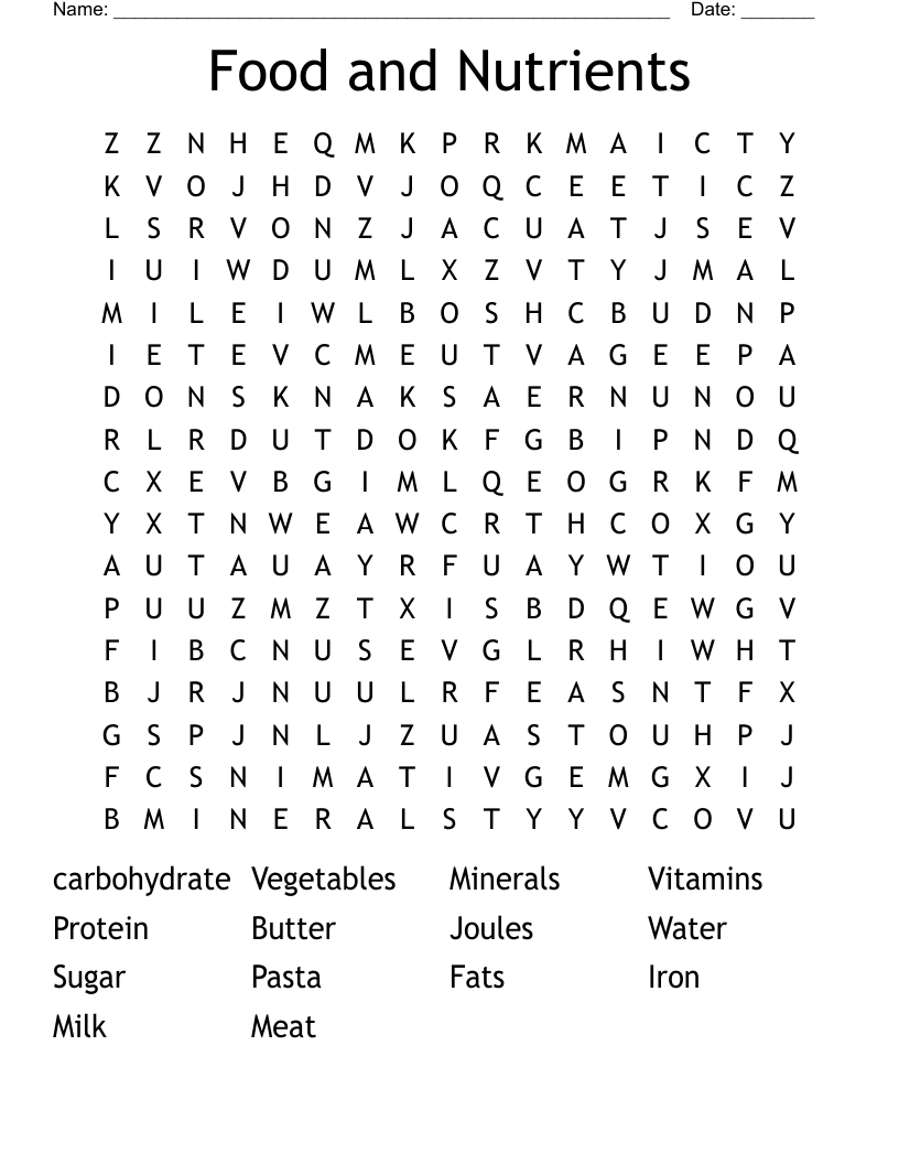 Food and Nutrients Word Search