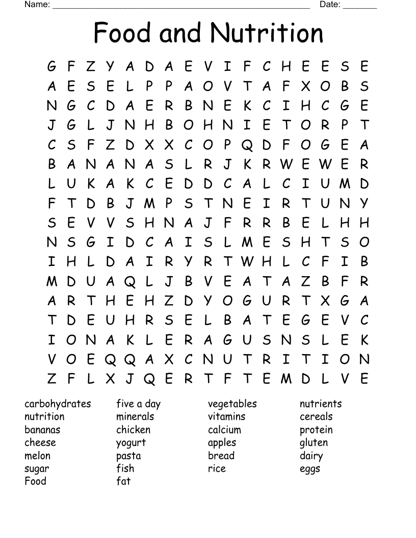 Food and Nutrition Word Search