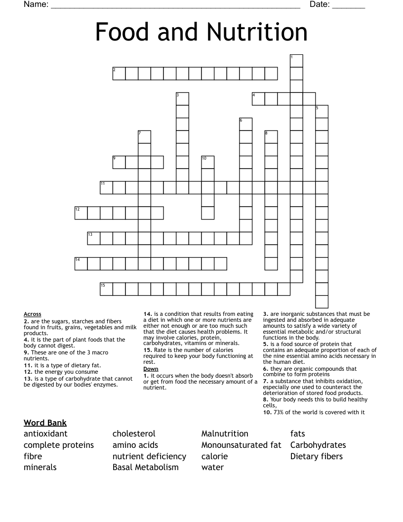 Food and Nutrition Crossword