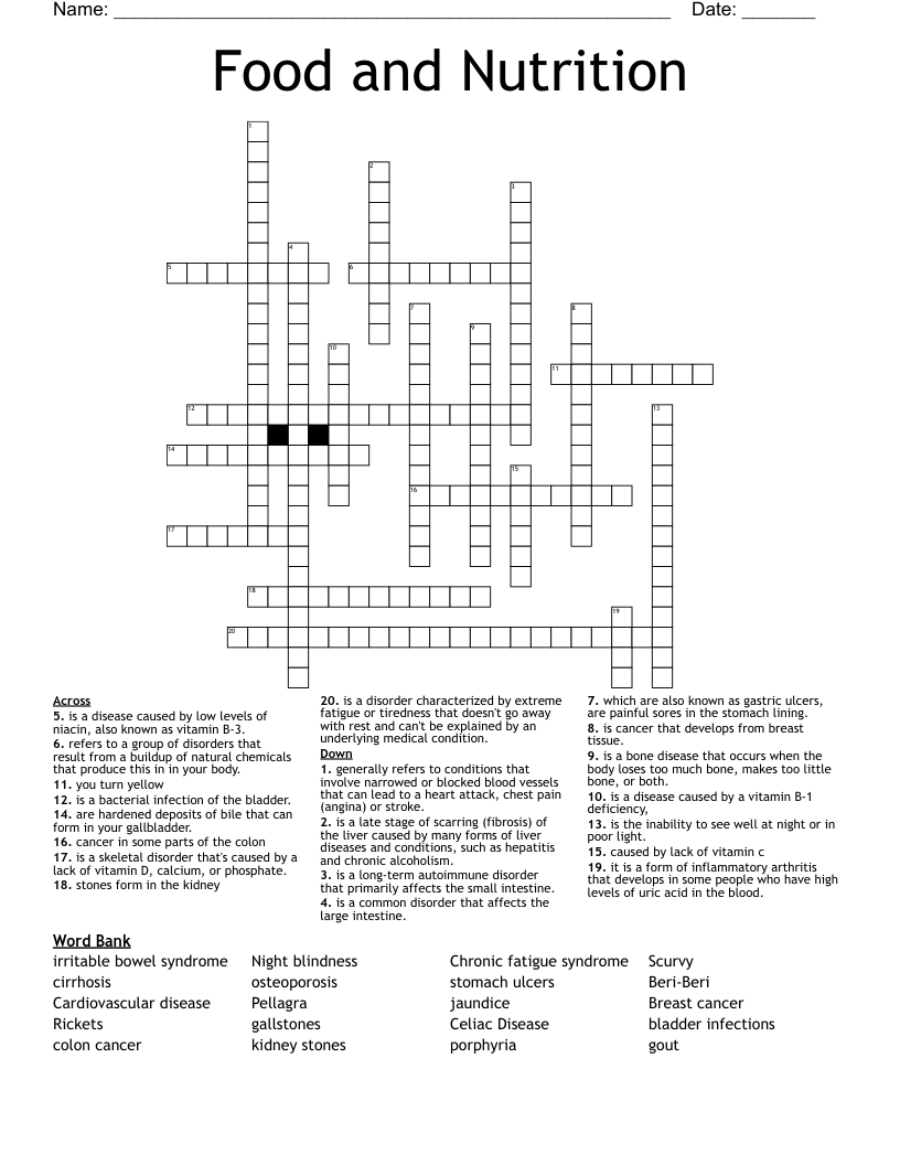 Food and Nutrition Crossword