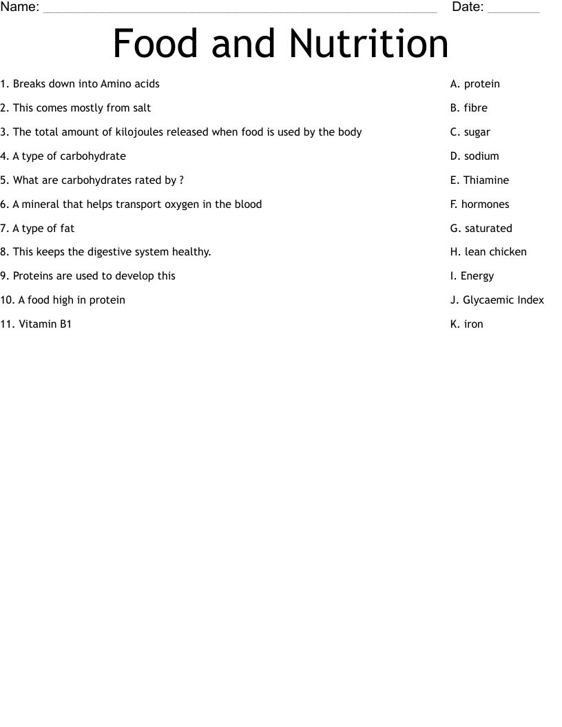 Food and Nutrition Worksheet