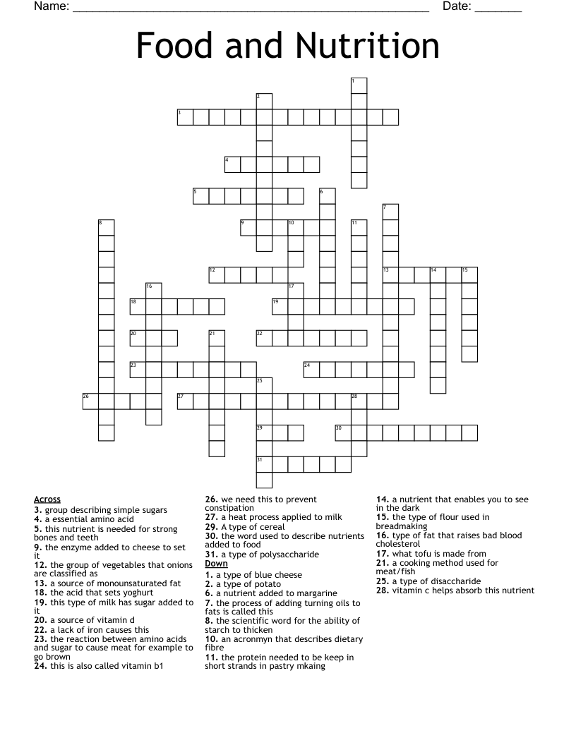 Food and Nutrition Crossword