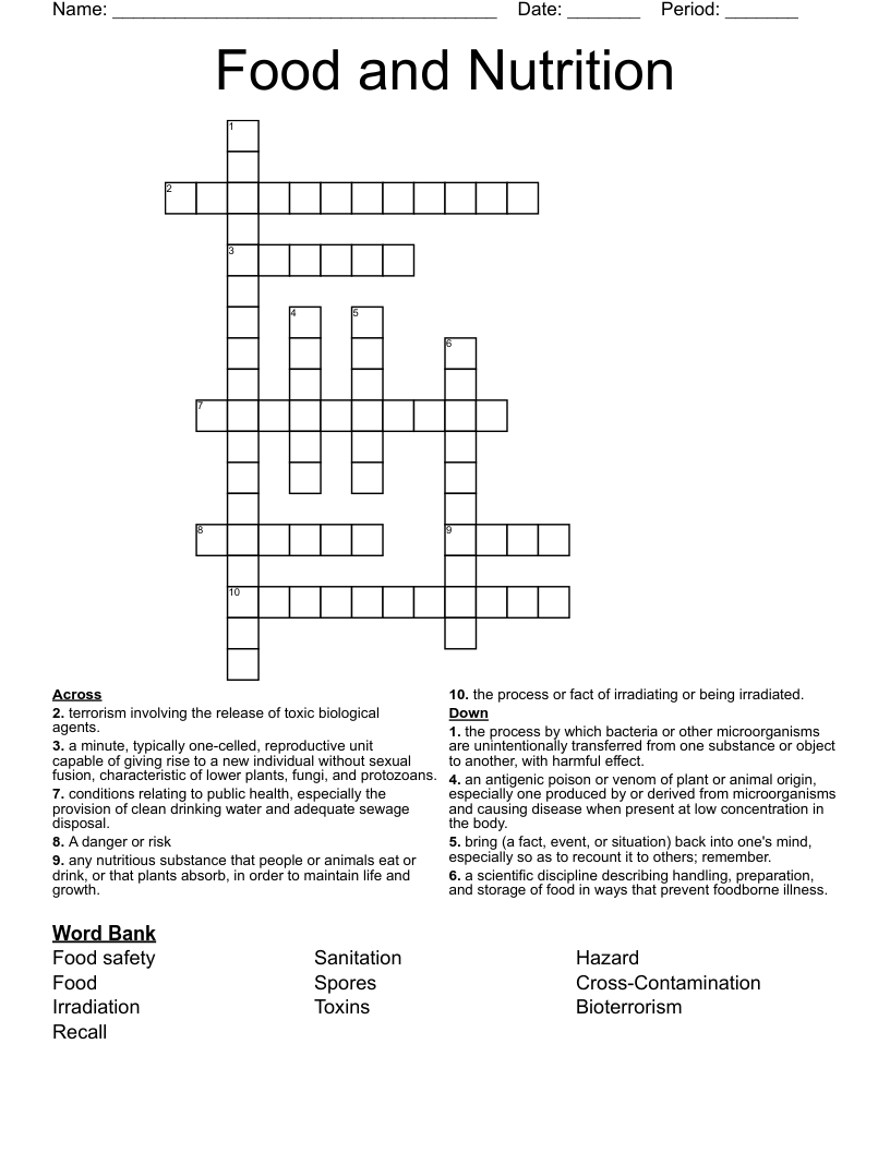 Food and Nutrition Crossword