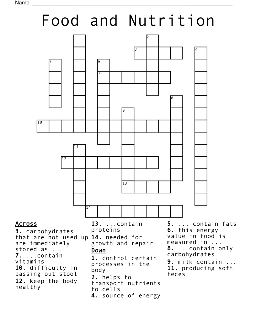 Food and Nutrition Crossword