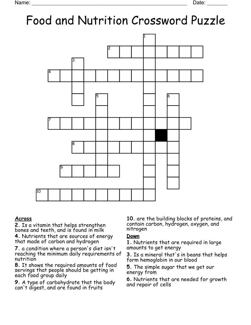 Food and Nutrition Crossword Puzzle