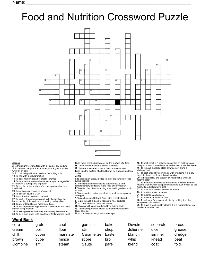 Food and Nutrition Crossword Puzzle