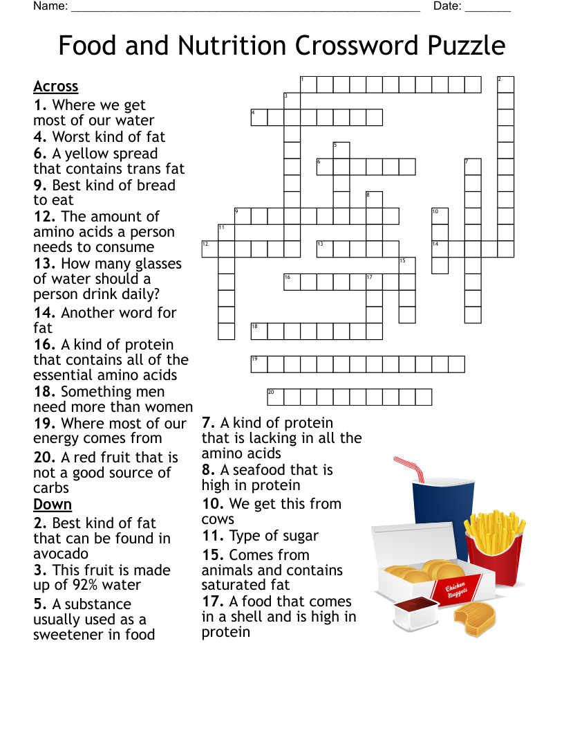 Food and Nutrition Crossword Puzzle