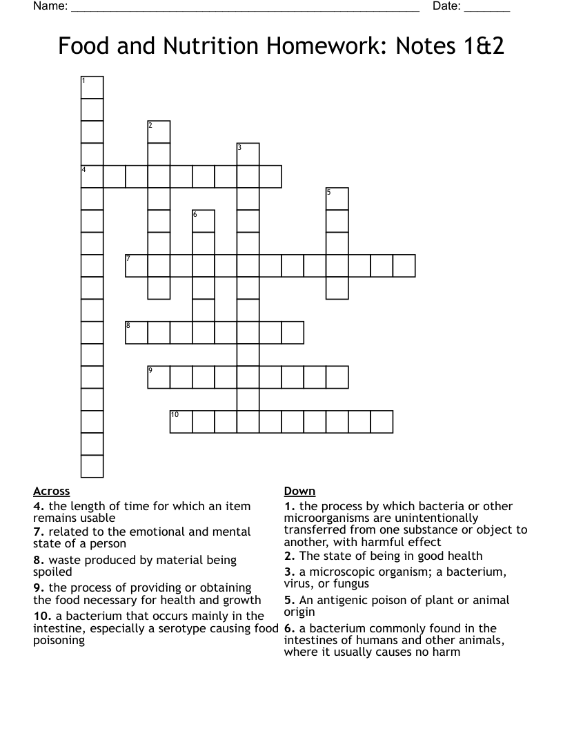 Food and Nutrition Homework: Notes 1&2 Crossword