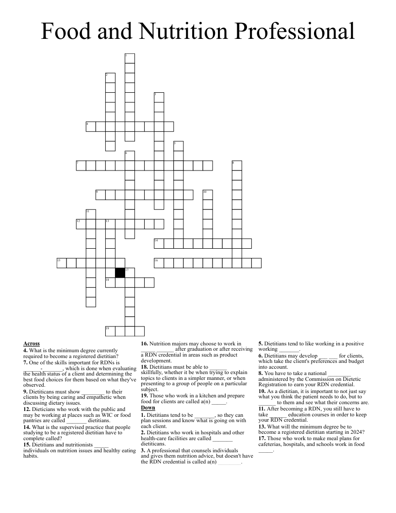 Food and Nutrition Professional Crossword