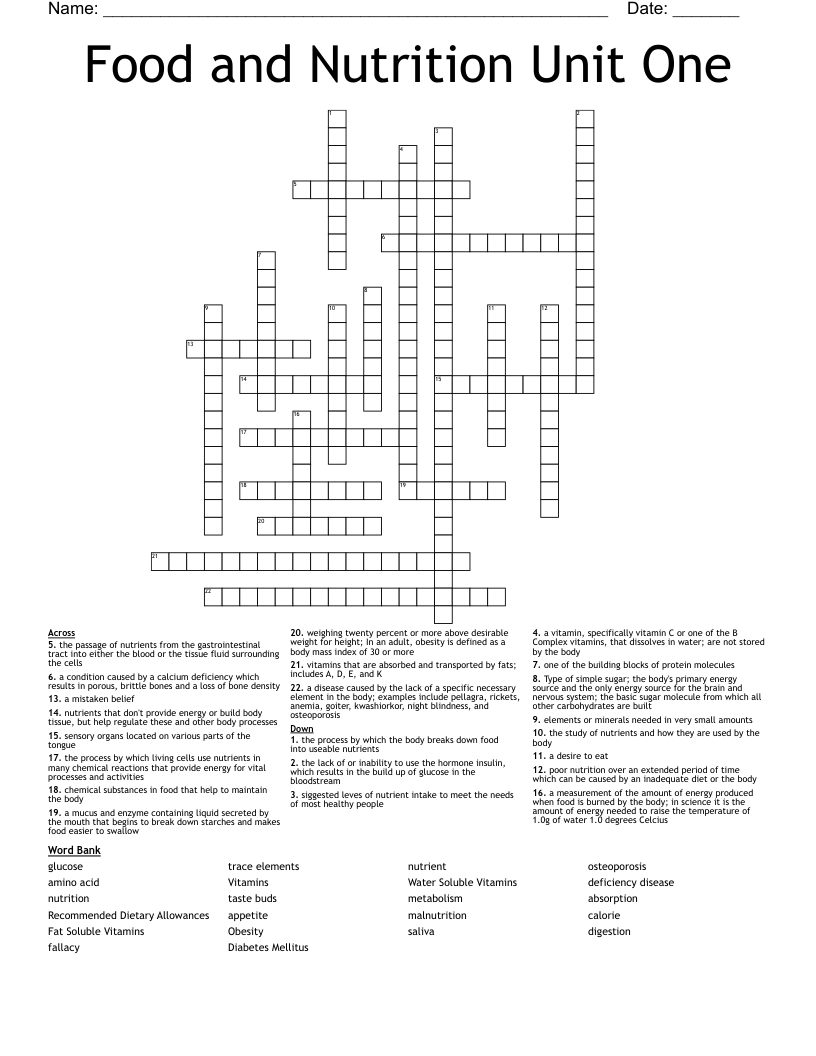 Food and Nutrition Unit One Crossword